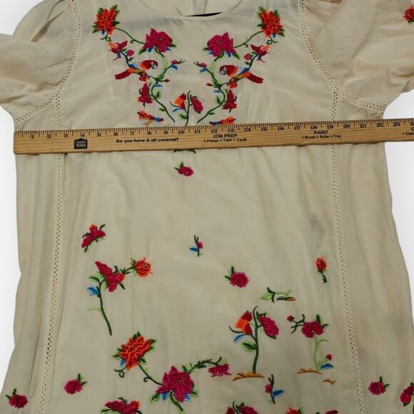 Zara Premium Embroidered Parrots Red and Cream Resort Mini Dress Crew Neck Sz L - Picture 7 of 10